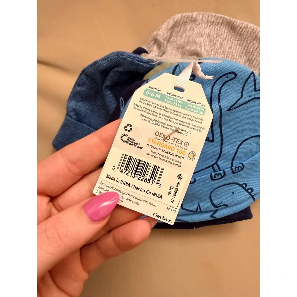 Gerber Baby Boy‎ 5 Pack Dinosaur Caps Beanies Blue Grey Green 0-6M New